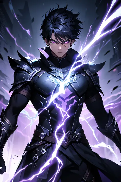 A 15-year-old young man with fair skin, standing at 62". He has an athletic build, exuding an air of strength and confidence. He is dressed in a dark, modern warrior outfit, with sleek armor that blends shades of black and dark purple, symbolizing his mast...