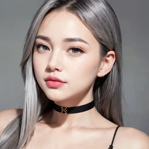 RAW photos of girls, (masterpiece:1.1), Top Quality, The ultra-Highres, high image quality, (Photorealistic:1.4), Clarity, focusing, Fully facial detailed, (Eyebrow piercing:1.1), A detailed eye, a delicate face, 1girll, black choker, (Faded ash grey hai...