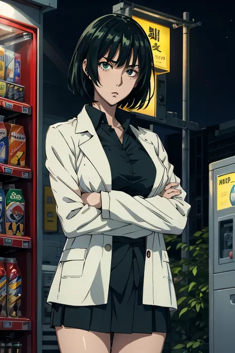 anime、High image quality、 high definition 、 one woman、 slender figure、 with a wide open chest 、 leaning beside a vending machine holding a can of coffee、White short jacket、Black underwear、 Green Mini Skirt 、A relieved look、Night view of the city 、