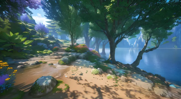 a close up of a tree and some flowers near a body of water, highly detailed environment, 3 d virtual landscape painting, ultradetailed environment, beautiful screenshot, hyper-realistic environment, hyper-detailed environment, ultra wide gameplay screensho...