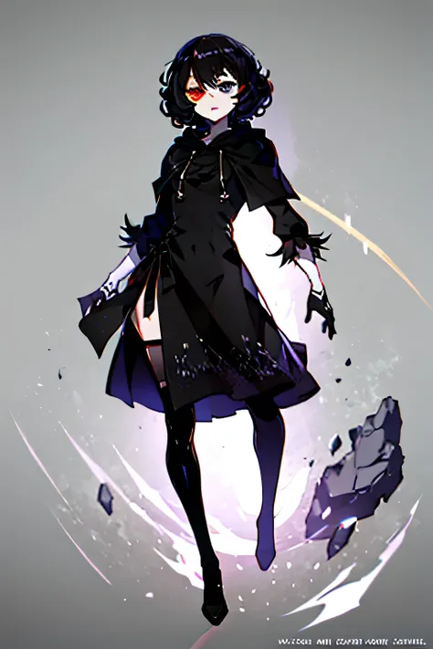 a woman, short curly black hair, Black hooded cape, thin, heterochromia in the eyes, white pele,  full body image,  High image quality, Fundo simples, 