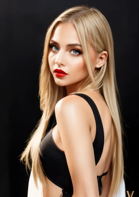 1girl, solo, upper body, looking at viewer, white background, light long hair, makeup, blonde hair, parted lips, red lips, eyeliner,  