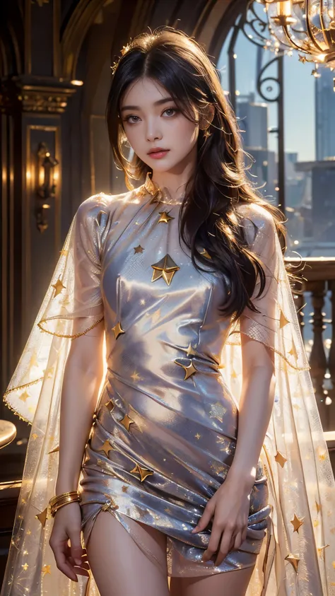 8K, UHD, masterpiece, 1 girl, godd face, sharp eyes, detailed eyelid, very long hair, silky hair, small beasts, (((star print dress)), ((mesh star clothing)), golden clothing, lacing, dual cape, ((bare hip)), detailed torn clothing, in the balcony, spot li...