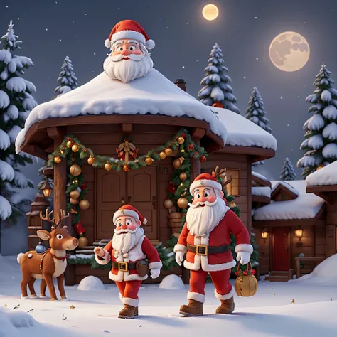 A magical Christmas scene where Santa Claus, in his classic red suit with white fur trim, is walking alongside a majestic reindeer with a glowing red nose. They are in a snowy forest, surrounded by towering pine trees covered in fresh snow. Soft snowflakes...