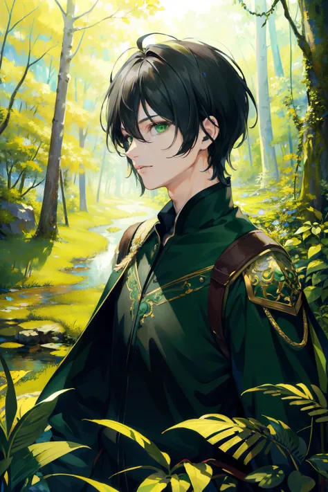 ((ultra-detailed , masterpiece, 4k)) man, mature man, full-length, detailed eyes, kind face, black hair, fantasy-style clothing, green colors, forest the background