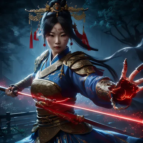 A woman with Asian features,  full body,  her hair tied up with a hairstyle traditional Chinese ornaments , her eyes shine red ,  standing in a garden at night ,  her body completely in a position ready for the fight ,  wearing traditional Chinese blue clo...