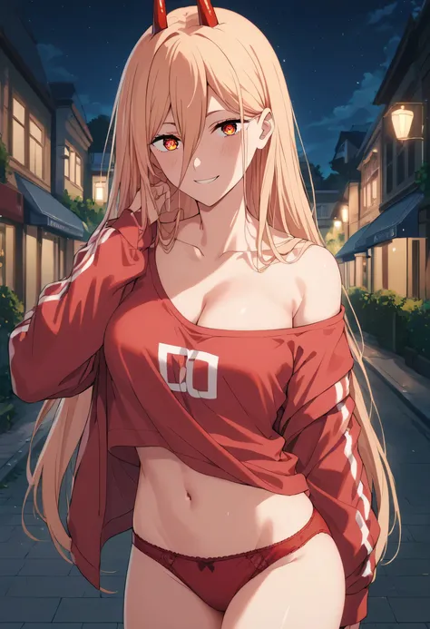 score_9, score_8_up, score_7_up, score_6_up, score_5_up, score_4_up, best quality, masterpiece, colorful, very aesthetic, anime, BREAK, blush, smile, seductive, night,1girl, p0w3r0x1, long hair, blonde hair, red horns, demon pupils, red sweatshirt, red pan...