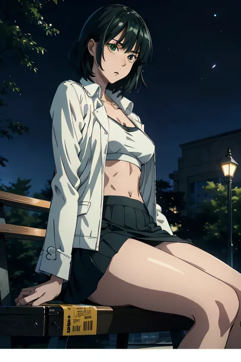 anime、High image quality、 high definition 、 one woman、 slender figure、 with a wide open chest 、Im sitting on a park bench and holding a can of coffee、White short jacket、Black underwear、 Green Mini Skirt 、A relieved look、Night view of the city 、