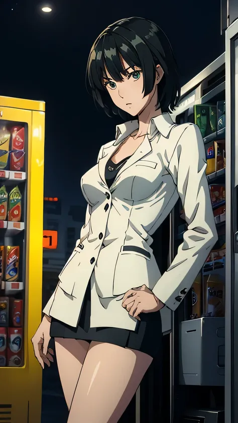 anime、High image quality、 high definition 、 one woman、 slender figure、 with a wide open chest 、Im leaning against the side of the vending machine and holding a can of coffee、White short jacket、Black underwear、 Green Mini Skirt 、A relieved look、Urban night ...