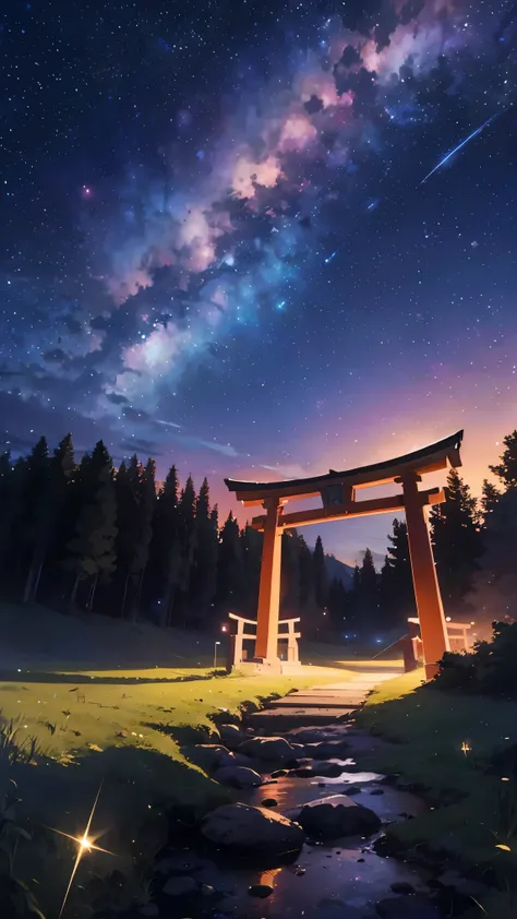 A magical starlit meadow, where glowing grass mimics the night sky, and a lone torii gate stands silhouetted against the glittering Milky Way.