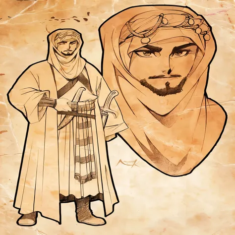 arafed drawing of a man in a robe and a woman in a head scarf, arabian samurai, portrait of bedouin d&d, handsome prince of persia, detailed fanart, male character design, comic character design, detailed character design, official character illustration, ...