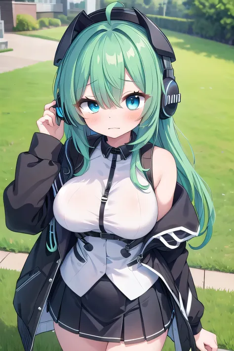 (((( best quality)))), ((masterpiece)), (( Details)), ( high definition ),(((High image quality))),(( high quality)),Ultra-high-definition CG, anime illustration 、Beautiful teenage girl、emerald green hair color、 long bangs 、(((Bangs to hide one eye )))、 se...