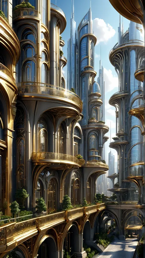  future city in 3029 、Ultra delicate,technology, futuristic sci-fi city depicting a megacity ,  view from terrace  ,  high tech design   ,   metal and glass buildings  ,   high tech design 、 impressive vast  ,  , Use of gold  ,  silver and bronze in constr...