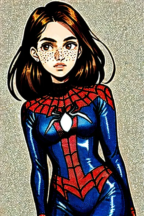  Girl in Spiderman costume without mask ,  long brown hair, freckles , very dark brown eyes , Age 18 years 