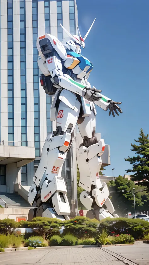 araffe statue of a giant robot standing in front of a building, giant anime mecha, white mecha, big mecha, giant mecha robot, japanese mecha, arasaka mech, an anime large mecha robot, # mecha, cool mecha style, mecha inspired, metal gear mech, mecha suit, ...