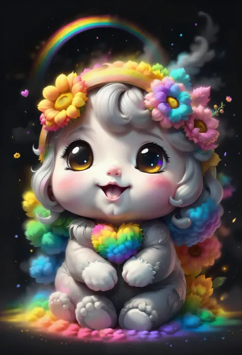 chalk gray style，(glowing magical cute sunflowers，there is a cute baby face in the flowers.)，8k，rainbow colors，kawaii，cute，digit...