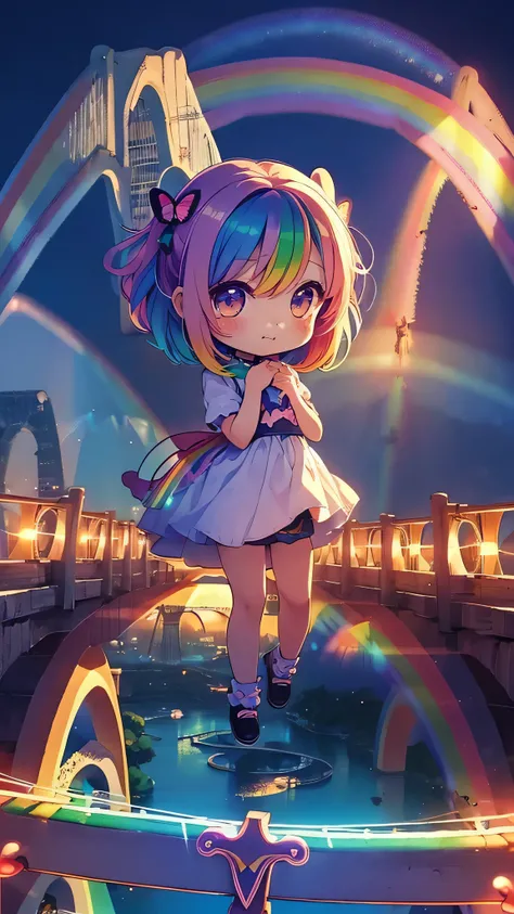 (Chibi:1.5)、Girl with butterfly wings 、1 person、(rainbow bridge:1.5), blue hour, fantasy, emotional, cute、