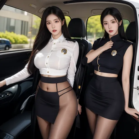 Posing in a city police car, photo,Sexy bulge, police officials, Dressed as a police officer, Bobby, official, , Full set of clothing, Female Sheriff, Korean female fashion models,Tight,Hip-covering skirt,Tight hip skirt,Pear-Shaped Body,Long legs,Wear dif...