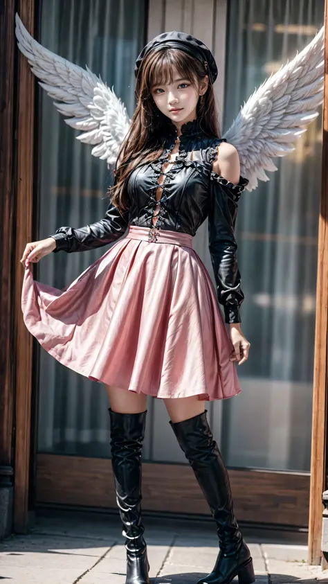 、 (beautiful girl)、angel:1.3、 pink gothic dress 、cute、smile、 long skirt、 black long boots 、