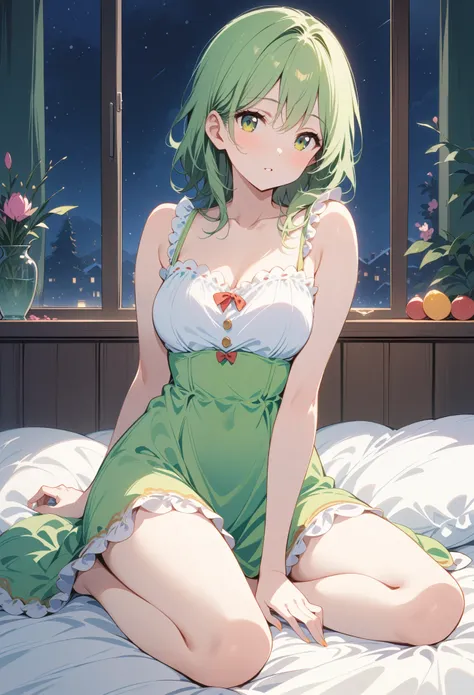 Thin legs,Sweet and playful , 1 girl at home,Full body portrait, Green hair , green eyes, lying in bed ,night, Green Dress , show your legs , showing arms ,Snow white skin,shallots,Mature charm,Inability to relax