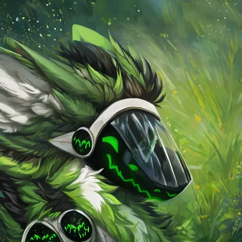 Protogen with green and green fur, eyes color lime, protogen face 1:1, protogen expression sad to rain, background grass field,