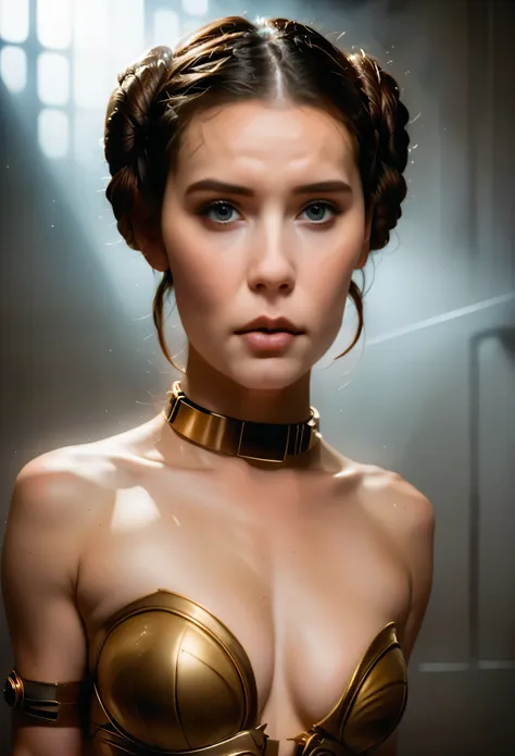 score_9, score_8_up, score_7_up, (sfw:2),a beautiful woman with buns,(princess leia),(slave_outfit) sensual lips, performing a p...