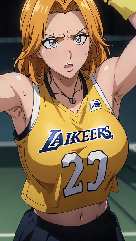 a close up of a person wearing a basketball uniform, a picture, inspired by Kentaro Miura, trending on pixiv, Rangiku Matsumoto, Bleach, wearing yellow nba jersey, yellow croptop nba jersey, wearing a low cut croptop, wearing croptop, croptop, the words "L...