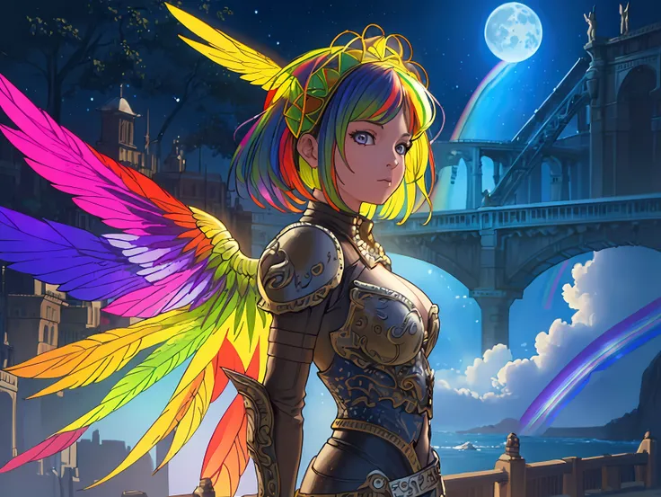 score_9, score_8_up, score_7_up, score_6_up, score_5_up, score_4_up, comic art, there is an female angel warrior standing in heaven, there is a (bridge made from rainbow: 1.3) going from heaven to another cloud, it is night time, moon, stars,  highly detai...