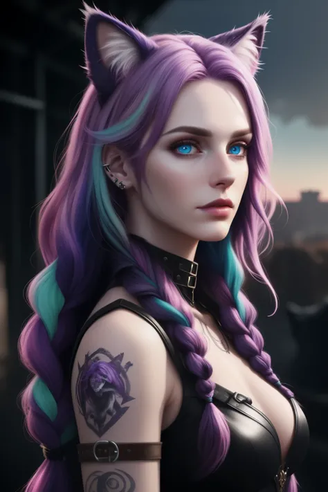 Warrior queen of cats, piercing blue eyes, Solo, Long Hair, High Resolution, Looking at viewer, Animal Ears, Cat Ears, High Details, Textured Skin, Super Detailed, Purple Hair, Pink Hair, Multicolored Hair, Wavy Hair, Undercut, Multiple Braids, Cowboy Shot...