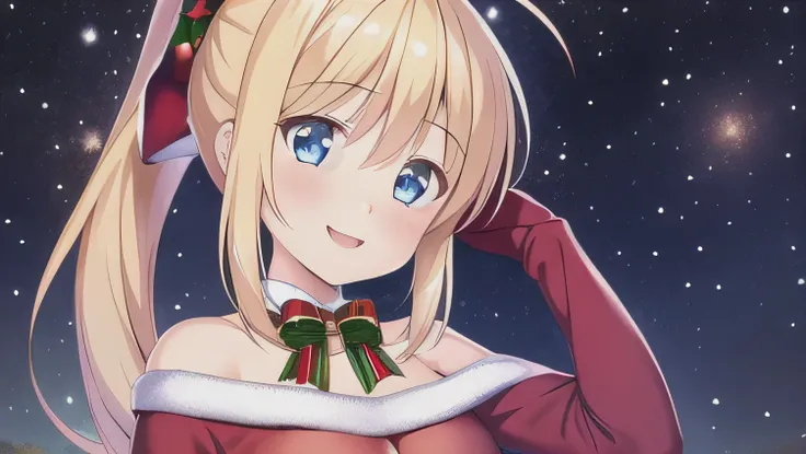 masterpiece,  best quality,  high definition , Game CG,  1 girl , ,Ponytail, blue eyes, viewers,Ponytail,Blue Eyes, ,Blonde, Santa Claus ,Droopy eyes,bangsを揃える,smile,Im watching , upper body, Christmas, starry sky ,Ahoge,bangs