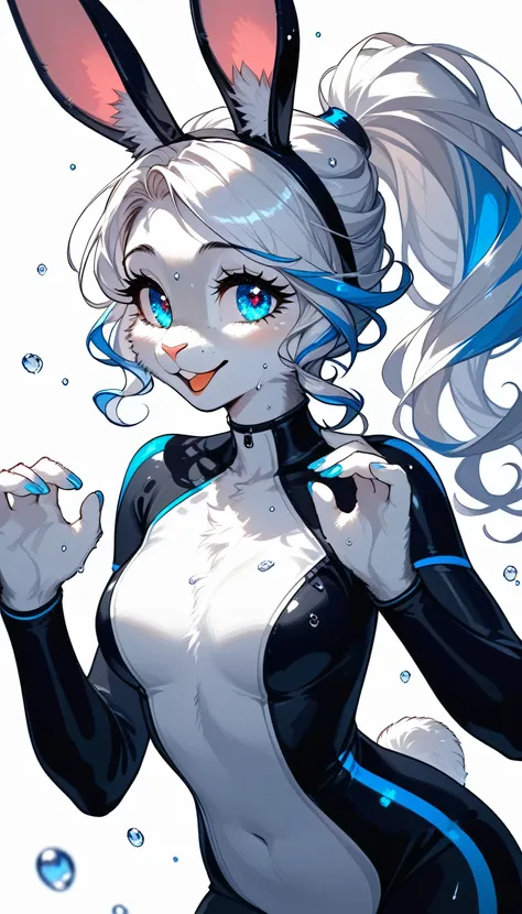 core_9,score_8_up,score_7_up, source_furry, ( bunny, Anthro furry bunny girl, adult female, ) beautiful anthropomorphic white bunny woman, she has long white curly hair, white hair with blue highlights at their tips, ponytail, and blue sparkling eyes, she ...