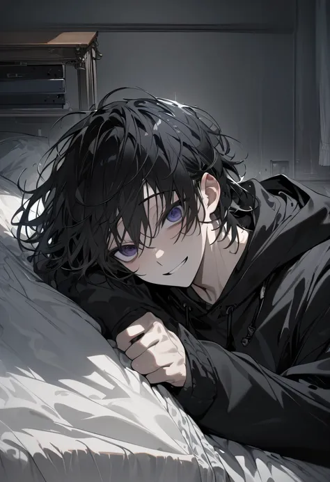 masterpiece, best quality, detailed, ultra detailed、High detail、solo、 young man in his 20s 、 black hair、 semi-long、 black hooded hoodie、in the bedroom, with a desk, with a bed、Desktop PC、closeup shot、 yandere、 ecstatic expression with hands in front of bod...