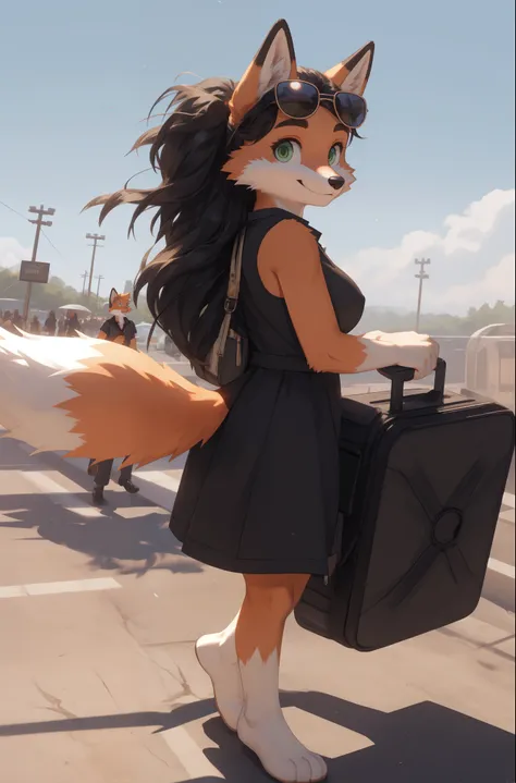 A female fox, young, beautiful, orange fur, green eyes, long black hair, busty, huge round titties, wearing a black sleeveless sundress, happy, coming back home from a trip, rolling in a luggage, wearing a shade of sunglasses, hd 8k