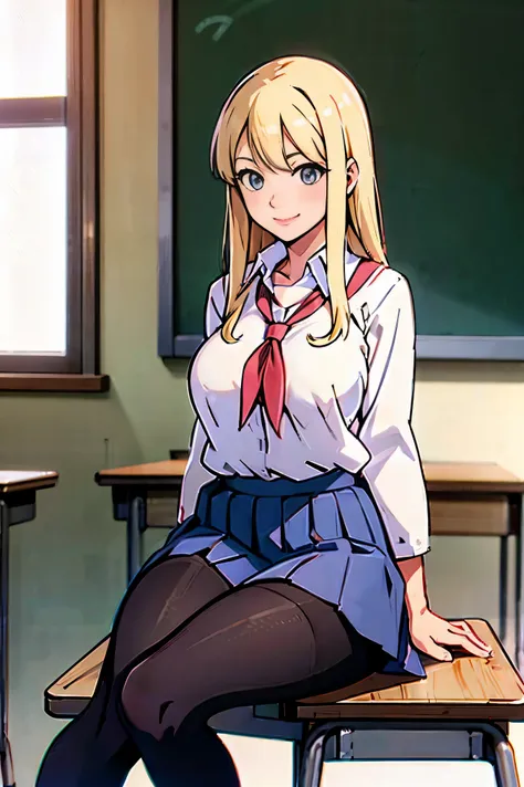 japanese、model、big breasts、 blonde alone、 long hair、  school uniform、tights、 show your shoulders、  can see her chest 、  belly bu...