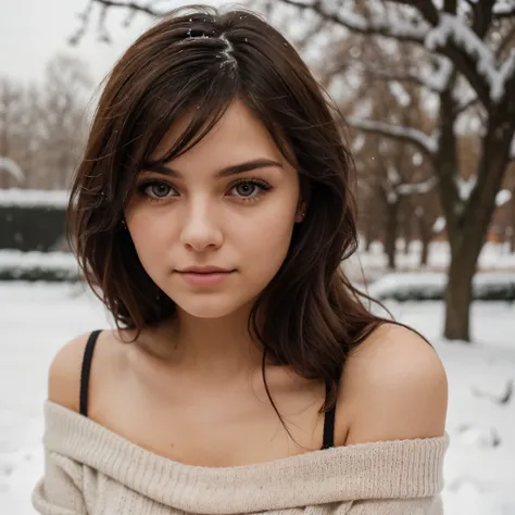 a twenty one year old young woman with dark brown hair, in the snow, wearing an off-shoulder sweater, looking at the camera, portrait photo, beautiful hair and eyes, perfect facial features, flawless skin, professional photography, professional lighting, s...