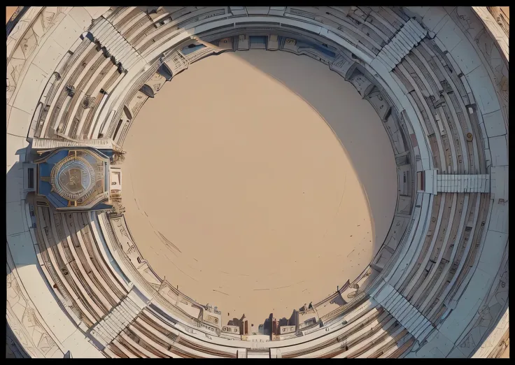 arafed view of a circular structure with a clock on the top, in a coliseum, in the middle of an arena, symmetrical artwork. cinematic, in a gladiators arena landscape, in an arena in movie dune-2021, coliseum background, in an arena, arena background, in a...