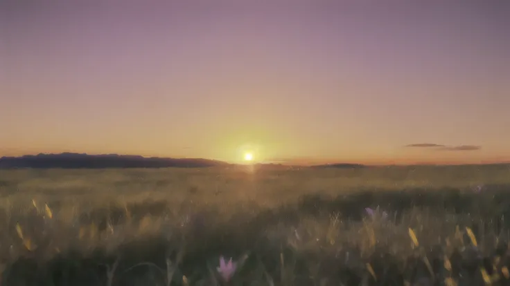 A vast field of tall grass at golden hour, stretching towards a clear horizon line. The grass should be long, wild and wheat-colored, reaching waist height, gently swaying in the evening breeze. The sunset dominates the background with a dramatic golden su...