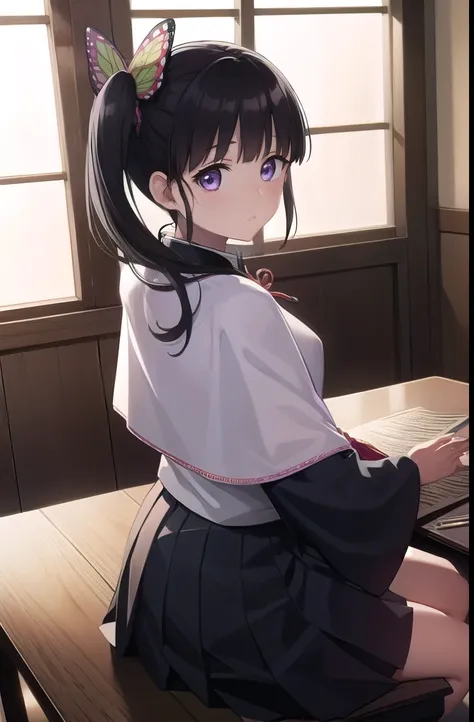 kanaotsuyuri, kanao tsuyuri, black hair, butterfly, butterfly hair ornament, (purple eyes:1.1), side ponytail, ponytail, full body
BREAK black skirt, cape, demon slayer uniform, long sleeves, pleated skirt, skirt, white cape,
BREAK looking at viewer,
BREAK...