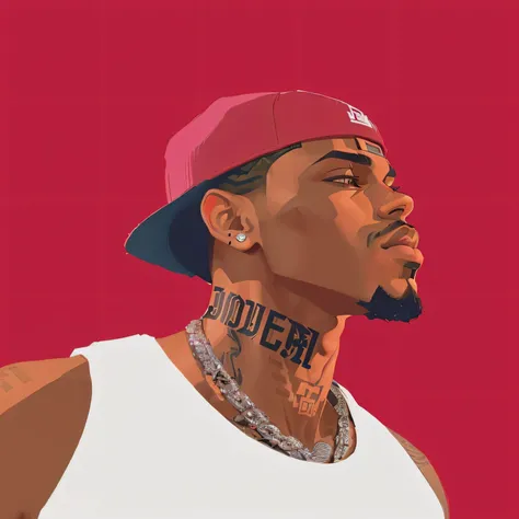 there is a man with a tattoo on his neck and a hat, in style of digital illustration, vector style drawing, of portrait of justin beber, vector art style, hip hop aesthetic, handsome hip hop young black man, detailed illustration portrait, vector art, hip ...