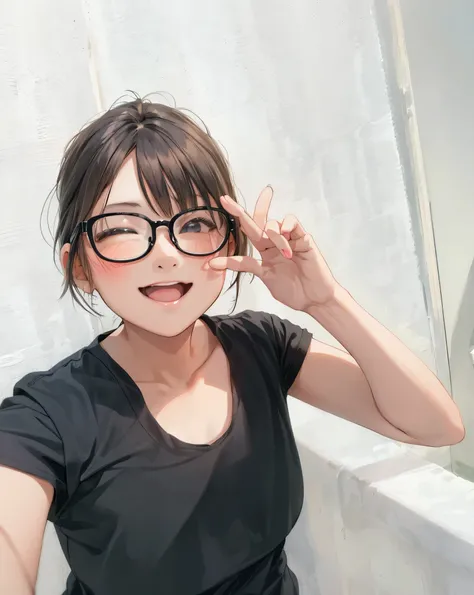 there is a woman wearing glasses and a black shirt posing for a picture, with glasses, Chiho, with glasses on, wearing black frame glasses, wearing small round glasses, wearing thin large round glasses, Yoshitomo Nara, 2 , without glasses, spectacled, self...