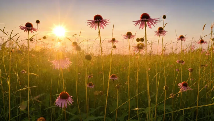 A ground-level view through tall grass and wildflowers at sunset, shot in ultra HD. Camera positioned low among the grass, creating an intimate foreground with hyper-detailed grass blades and pink/purple echinacea flowers in sharp focus. The grass and flow...