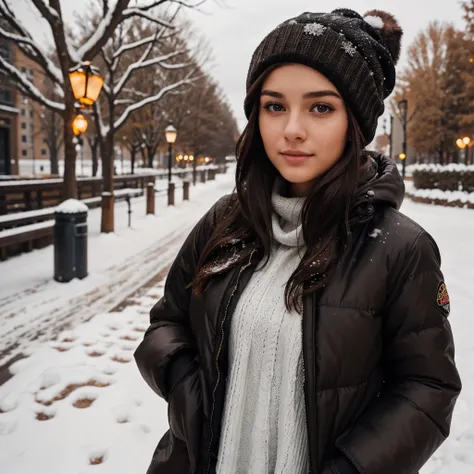 a twenty one year old young woman with dark brown hair,  taking a selfie while walking in the snow, wearing a black puffer jacket and a beanie hat. She has hazel eyes and dark brown hair. The photo was shot on an iPhone 8 with a 35mm lens and posted to Ins...