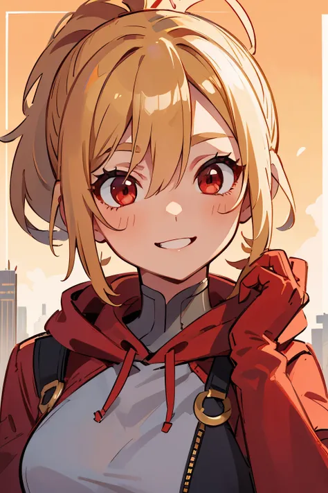 1 girl、alone、Wearing a red hoodie、Wear leather gloves、Blonde ponytail、Ahoge、Beautiful red eyes、smile、Highly detailed face、Upper body close-up、Highly detailed illustration、Golden hour sky、Skyscraper rooftop