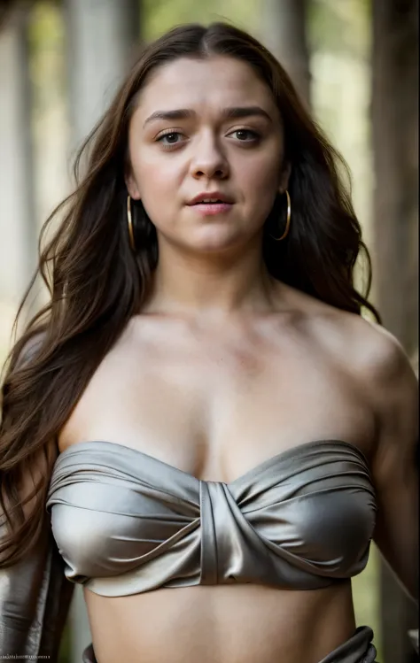 Foto RAW, Arya Stark, Extremely gorgeous lady, Arya Stark PLAYED BY MAISIE WILLIAMS, Queen Arya Stark, she  a mature woman now, milf, sexy mediaeval battle dress, gladiator woman, body, 40 years old Woman, Roman slave dress, cotton dress, busty mediaeval c...