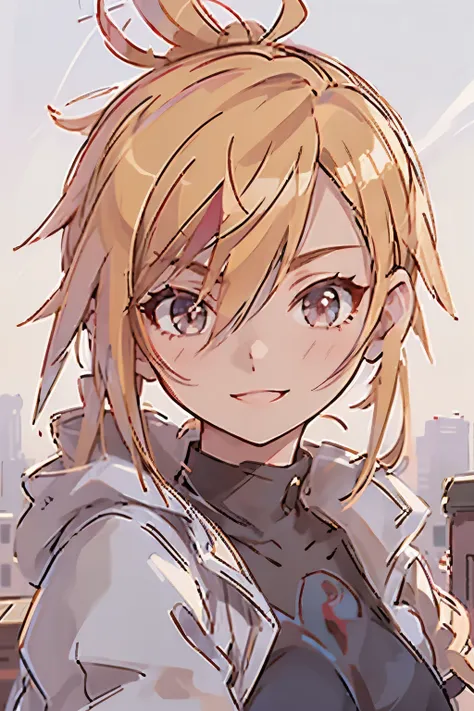 1 girl、alone、Wearing a red hoodie、Wear leather gloves、Blonde ponytail、Ahoge、Beautiful red eyes、smile、Highly detailed face、Upper body close-up、Highly detailed illustration、Golden hour sky、Skyscraper rooftop