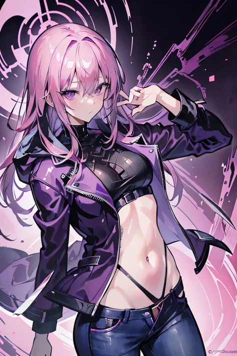 She is a pink-haired female grim reaper 、 and has a figure like an hourglass with purple eyes、 wears a cool leather jacket and jeans 、 has a scum at carnival 