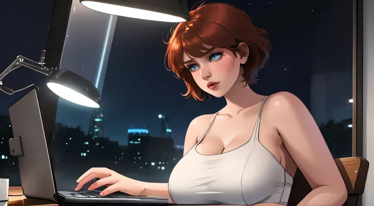 A Young girl short auburn hair with big breasts wearing a lush black mini dress, sitting at a desk at night, illuminated by the glow of a laptop screen. She is typing on the keyboard with a focused expression, her blue eyes reflecting the light from the sc...