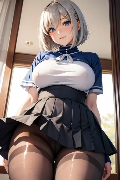 (fat legs), ((campus)), (large breast), ((perfect hands)), ((glossy pantyhose)), (finely detailed eyes and detailed face:1.3), (extremely fine and beautiful:1.1), (Perfect details:1.1), Hamakaze, Kantai Collection, ((glossy pantyhose)), sexy legs, turtlene...