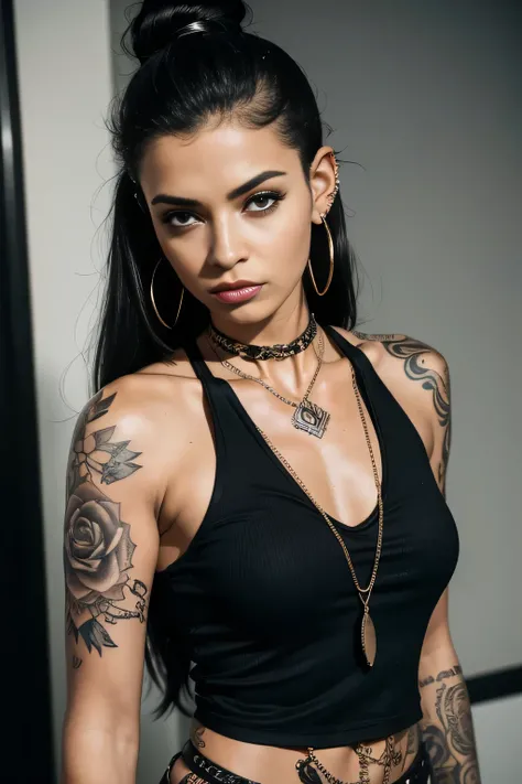 araffe tattooed woman with a black top and a chain around her neck, she is wearing a black tank top, looks like fabiula nascimento, malika favre, wearing intricate black choker, she is wearing streetwear, piercings collar, tattooed, style of flavie audi, n...