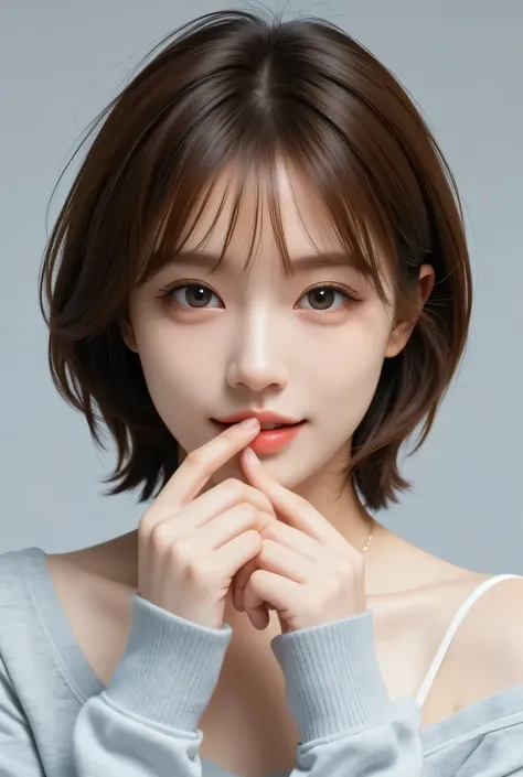 ((Extend the index finger of your right hand and attach it to the center of her lips),(front view),(8K Ultra HD、RAW volumizeonephoto、 model photo shoot、masterpiece, best quality, photoGenuineistic, high definition , volumizeonephoto: 1.3), concentrated,...
